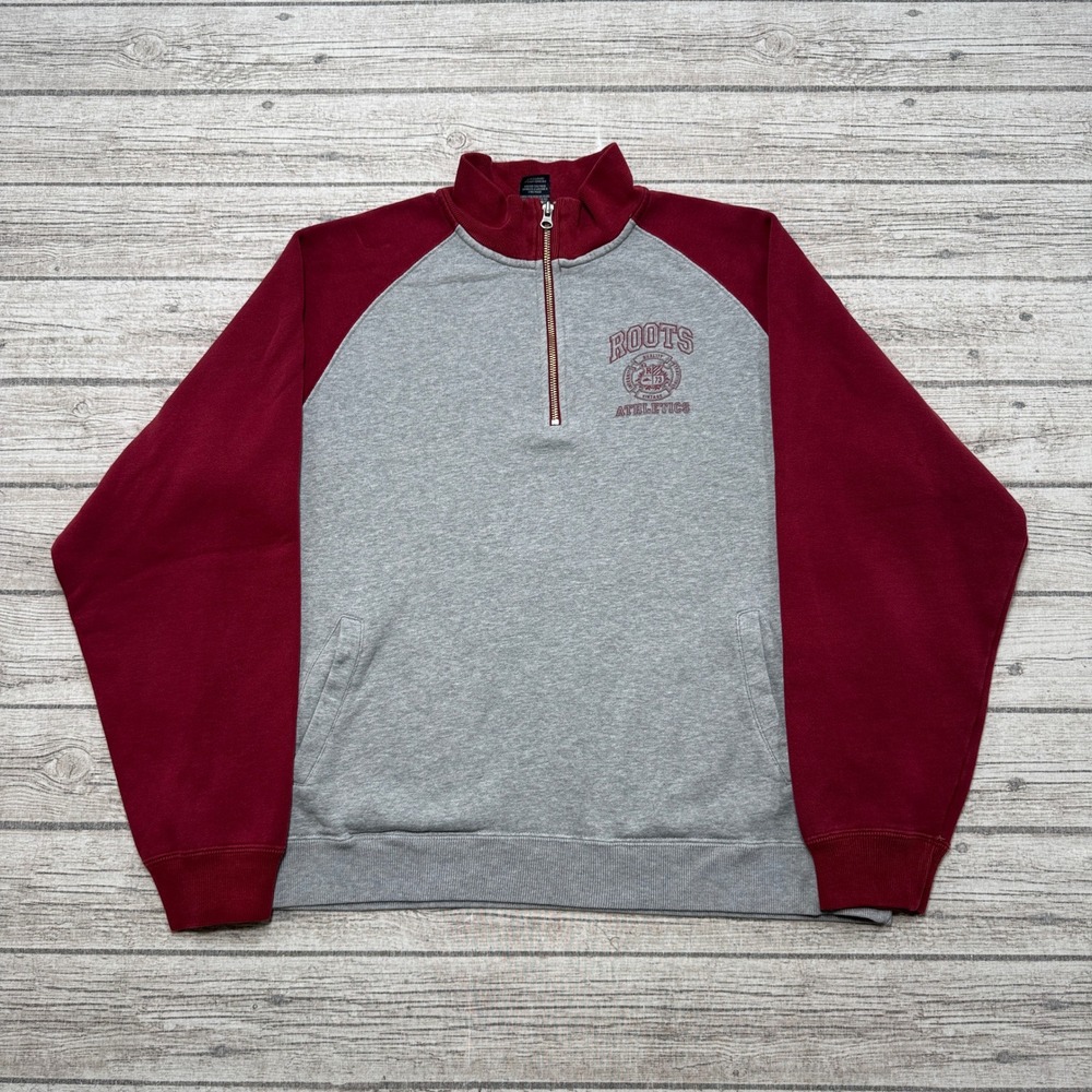 Roots Athletics Sweatshirt Men's Large Gray Maroon Quarter Zip Pullover Canada
